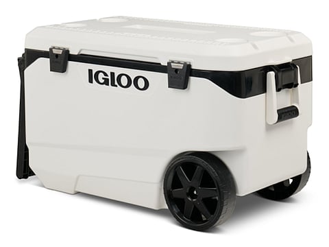 Un refrigerador rodante Igloo 90QT Flip & Tow retirado del mercado en cuerpo y tapa blancos