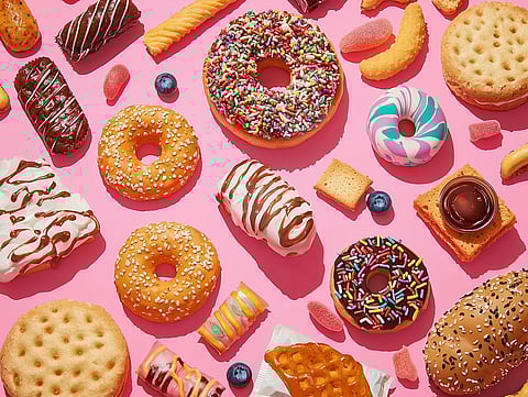 Una foto de alimentos ultraprocesados como donuts, galletas y caramelos sobre un fondo rosa