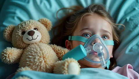 Una niña yace en la cama del hospital con una máscara de oxígeno. Enfermo, recibe atención médica. Osito de peluche cerca. Recuperación de una neumonía. Entorno hospitalario. Condición de salud grave. Apoyo, cuidado del niño. Médico