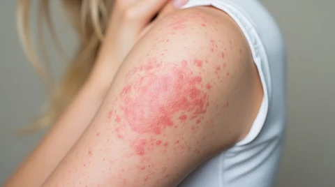 brazo que muestra urticaria y enrojecimiento como resultado de una reacción alérgica