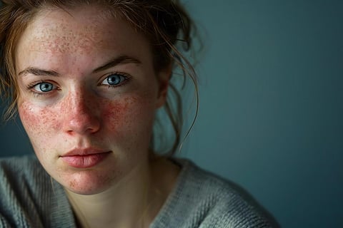 Retrato de una mujer con lupus: erupción facial y enrojecimiento