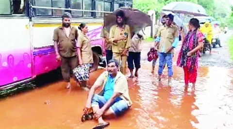 Vikas down the pothole: Bus driver sits on pothole-ridden Assagao-Mapusa road