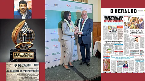 Raul Fernandes, Managing Director and Editor-in-Chief of O Heraldo; (above) on his behalf, Valankie Fernandes receives The Lifetime Journalism Award at the Peoples' Awards 2025 held at the House of Commons in London on March 6