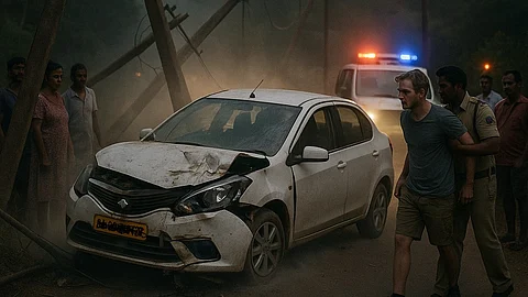 High-Speed Rent-a-Cab Crash in Siolim-Marna Damages Poles; Tourist Driver Detained