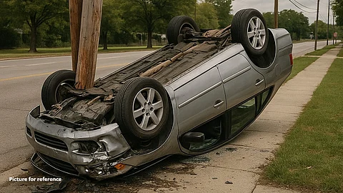 Car Overturns After Hitting Pole on Chimbel Bypass; Driver Escapes Unhurt
