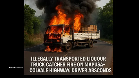 Illegally Transported Liquor Truck Catches Fire on Mapusa-Colvale Highway; Driver Absconds