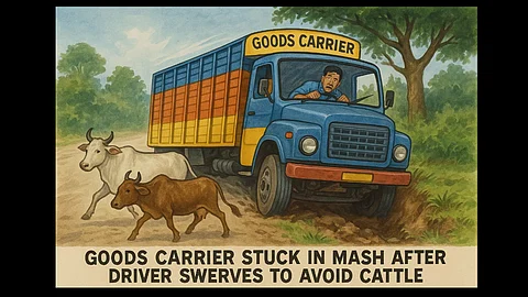 Goods Carrier Stuck at Mashem After Driver Swerves to Avoid Cattle