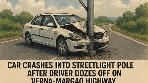 Car Crashes Into Streetlight Pole After Driver Dozes Off on Verna-Margao Highway