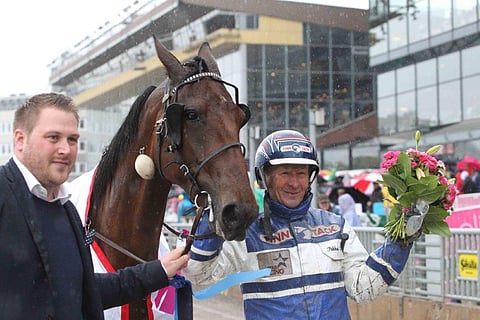 Viime keväänä Twigs Voici ja Pekka Korpi juhlivat voittoa Elitloppet-viikonloppun tammalähdössä.