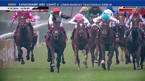 Prix de l'Arc de Triomphe päättyi Frankie Dettorin voittojuhliin Golden Hornilla. Neljänneksi jäävä suosikki Trêve kuvan oikeassa laidassa. Kuva: Equidia Pro