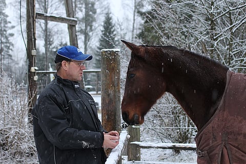 Lauri Parviainen ja Fiery Sid kotipihassa Jokelassa joulukuussa 2015.