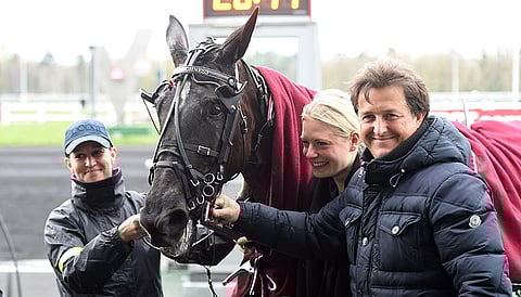 Terhi Hyyti (vasemmalla) hoitaa Olympiaravifinaalin voittaja Your Highnessia ja Fabrice Souloy treenaa.