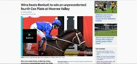 Winxin satumainen voittoputki jatkui Melbournessa lauantaina ja australialainen ABC verkkosivu oli ensimmäisten joukossa kertomassa historiallisesta neljännestä täysosumasta Cox Plate -kilpailussa.