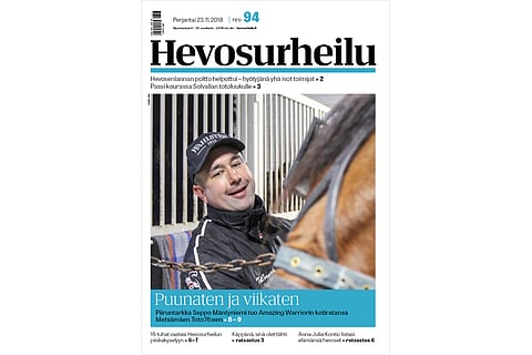 Seppo Mäntyniemi saattelee lauantaina Metsämäen kaviouralle Amazing Warriorin. Kannen kuva: Harri Lind.