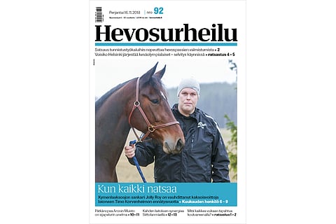 Timo Korvenheimon kauden menestyshevosiin kuuluu kolmevuotias Jolly Roy. Kannen kuva: Totofoto.