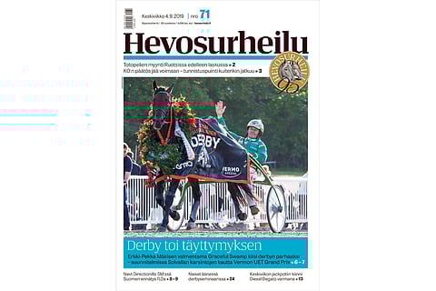 Erkki-Pekka Mäkisen suuri hetki, oma silmäterä Graceful Swamp on voittanut Suuren Suomalaisen Derbyn. Kannen kuva: Anu Leppänen.