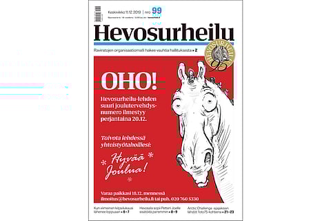 Keskiviikon Hevosurheilussa käsitellään eläköityviä hevosia. Kannen mainos: piirros Leena Alérini.