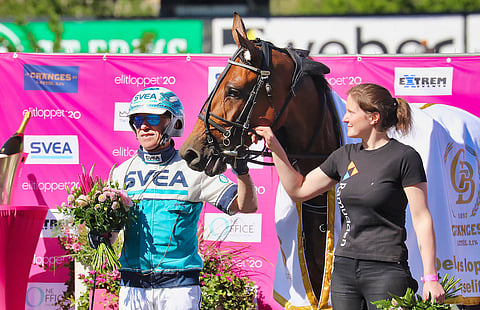 Iloiset Örjan Kihlström, Golden Tricks ja hoitaja Michaela Magnusson Solvallan voittajakehässä. (Kuva: HU Anu Leppänen)