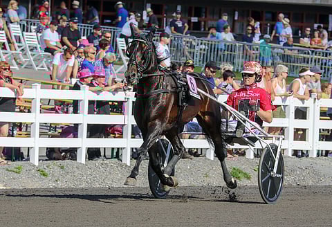 Kuvassa Johan Untersteinerin ohjastama Missle Hill starttaa Seinäjoki Raceen viitosradalta rattaillaan Mats E Djuse.