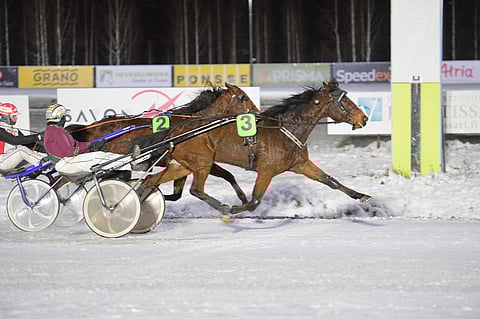 Orlando Knick ja Elliot Web taistelivat Kuopion jääpolanteisella maalisuoralla rinta rinnan. Kuva: Juhani Hynynen