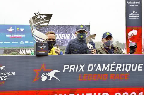 Monenlaista tapahtumaa oli, ennen kuin Prix d'Ameriquen voittajaa päästiin juhlimaan. Kuvassa Björn Goop, Antonio Somma ja Sebastien Guarato. Kuva: JLL-LeTrot