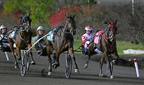 Special Way lipuu keskellä 2-vuotiaiden tammojen Breeders Crown-finaalin voittoon. Taustalla Mambacita ja rinnalla Righteous Resolve. Kuva: