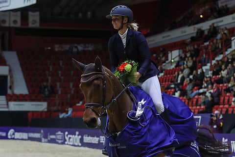 4-vuotias Lustig TS valittiin Horse Shown parhaaksi nuoreksi hevoseksi. Ratsastajana Maija Yli-Huhtala.