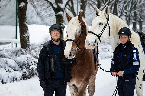 Uusimmat poliisihevoset Hulk ja Petteri vanhempien konstaapeleiden Juha Paanasen ja Hilla Miettisen kanssa.