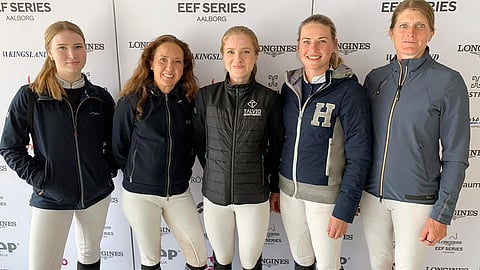 Suomen maajoukkue viime kesänä Tanskassa. Vasemmalta Aura Vasama, Noora Pentti, Eveliina Talvio ja Annina Nordström, sekä Maiju Mallat. Vasama ja Nordström ovat joukkueessa tänä vuonna. Muita nimiä ei vielä ole.