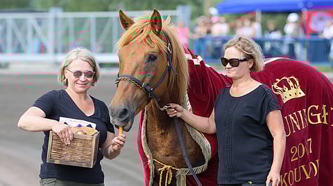 B. Helmiina, Heli Borgström ja Jaana Sandström tervehtivät Kuninkuusraviyleisöä.