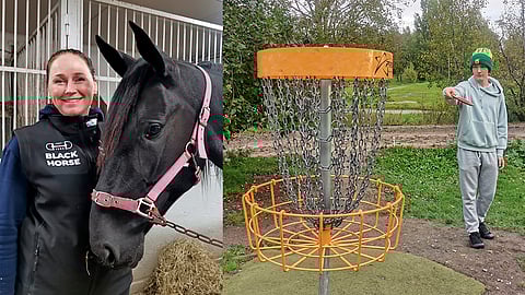 Marinka Salminen on Austinin vierellä sitä mieltä, että yhteiselo frisbeegolfaajien kanssa toimii.
Talin Tallaajien ylläpitämällä 1999 perustetulla kentällä on noin 700 metriä hevosten treenitietä, jolla frisbeekiekot todennäköisimmin voisivat lentää treenitielle. Treenitie kiertää väylää ja koria numero 11, jonne Eero Taskila on puttaamassa.