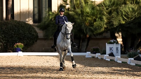 Kisaverryttelyssä Jerezin kuninkaallisen tallin maisemissa.