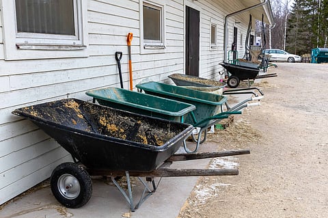 Kuvituskuva: kottikärryjä tallin seinustalla.