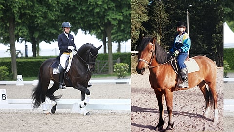 Kilparatsastaja Henri Ruoste nyt ja 30 vuotta sitten. Vasemmalla nykyinen huipputamma Tiffanys Diamond valmistautumassa kisaradalle Aachenissa - Ruoste hankki juuri tammalle toisen olympiakvaalin. Oikeanpuoleisessa kuvassa ollaan kisavermeissä myös, erilaisissa vain, kun ratsastajalla on jalassaan Nokian kumpparit ja käsissään puutarhahanskat. Hevonen on nimeltään Petteri.