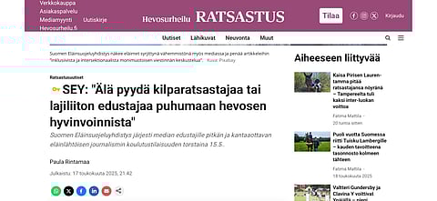 SEY lähetti vastineen koskien Hevosurheilu Ratsastuksessa lauantaina 17.5. julkaistua artikkelia.