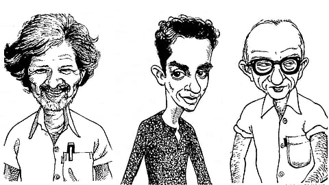 Michael Ondaatje, Shyam Seiyadurai and Carl Muller. Illustration: Subhas Rai / Himal Southasian August 1999