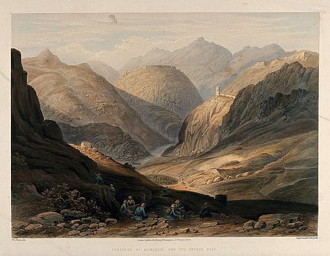 The Khyber Pass with the fortress of Alimusjid. Chromolithograph by W.L. Walton after Lieutenant James Rattray, c. 1847.
Image: Wikimedia Commons