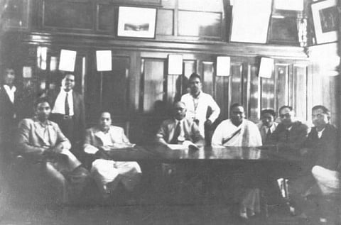 Photo: Dr. Babasaheb Ambedkar with Jogendra Nath Mandal and Consitituent Assembly members.