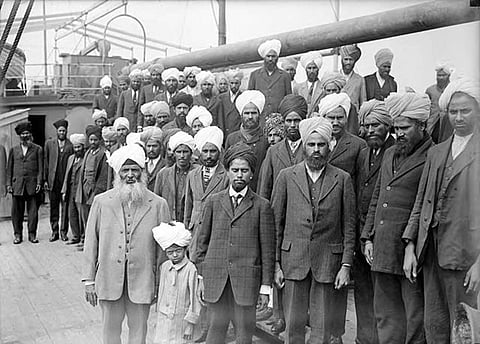 Sikhs from India on the Japanese steamship Komagata Maru in Vancouver, Canada.