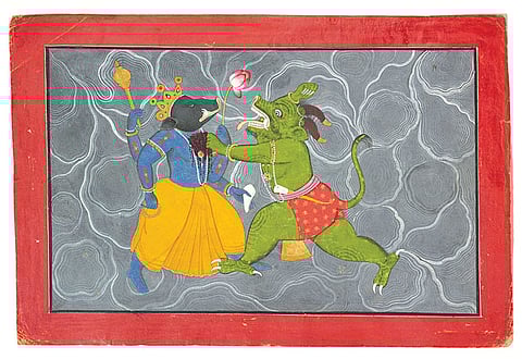 Varaha coolly saves the world, fighting off the demon Hiranyaksha. Image: Attributed to Manaku (active 1725–60 CE)