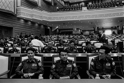 The unelected in Burma’s new parliament. Military commanders take their positions in the new parliament building. The Pyithu Hluttaw, or lower house of Burma’s parliament, is dominated by former soldiers, their positions guaranteed under a constitution which was ratified after a fraudulent referendum in 2008.
Photo: Nic Dunlop