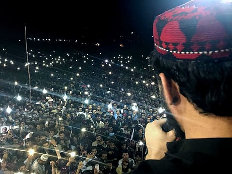 Manzoor Pashteen, the leader of the Pashtun Tahafuz Movement, speaking at a rally in Karachi in May 2018.