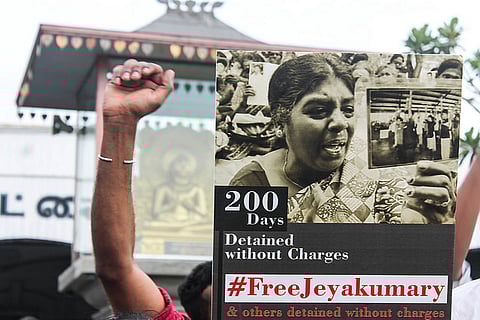 Jeyakumari Balendran, an activist campaigning for the whereabouts of missing persons in Sri Lanka, was detained by officers of the Terrorist Investigation Division (TID) in March 2014.
Photo: Vikalpa | Groundviews | Maatram | CPA / Flickr