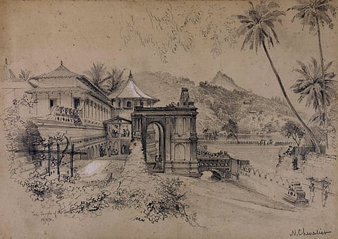 Pencil drawing of the Temple of the Tooth in Kandy, Sri Lanka, dated 18 April 1870, by Nicholas Chevalier.
Photo: The British Library