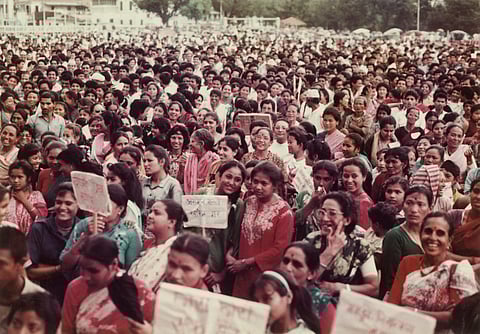 Women from all walks of life gather for a mass meeting in Kathmandu to submit a letter of protest to the government following the rape and murder of sisters Namita and Sunita Bhandari in Pokhara that rocked the country.
Photo: Hisila Yami Collection/ Nepal Picture Library