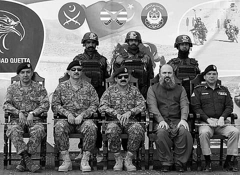 Balochistan Chief Minister Jam Kamal Khan (in civilian dress) at an army function in the Baloch capital of Quetta in October 2018. To his right is General Asim Saleem Bajwa, former head of the Pakistan Army’s media wing, who currently leads the Southern Command in Quetta.
Photo: balochistanawamipartyOfficial / Facebook.
