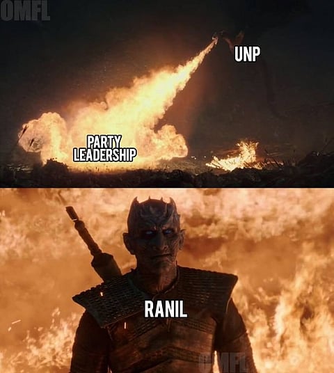 Despite facing numerous crises, prime minister and UNP leader Ranil Wickremesinghe emerges relatively unscathed, not unlike the Night King in the popular series Game of Thrones.
Image: OMFL II – the Sequel / Facebook