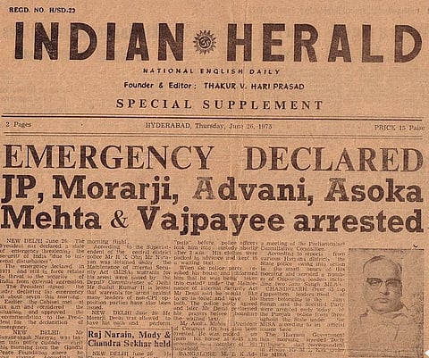 Front page of 'Indian Herald' on 26 June 1975, following the declaration of emergency in India the night before. Photo: alchetron.com