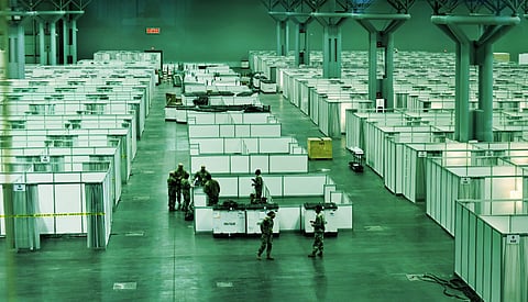 Field hospital being set up by US National Guards at Jacob K Javits Center in Hell’s Kitchen, Manhattan. 2 April 2020. Photo: New York National Guard / Flickr