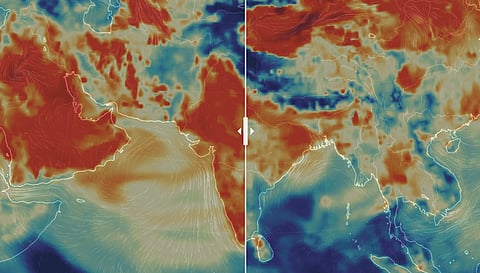 PM10 levels across Southasia between Thursday 18 April 2019 and Thursday 16 April 2020. Scroll down to slide between the before and after images.